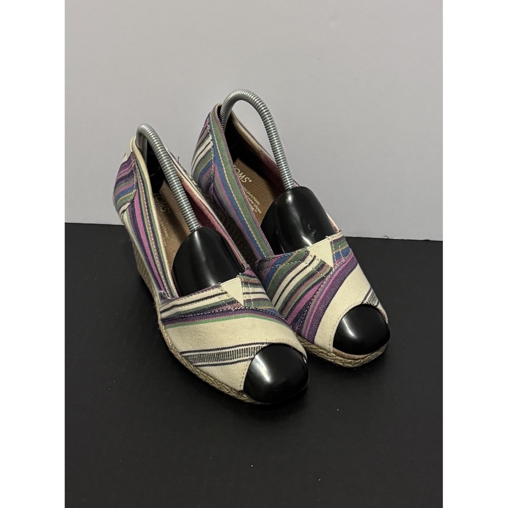 TOMS Wedge Mid (2-2.9 in) Heel W8‎ Espadrille Striped Multicolor Canvas Sandals
